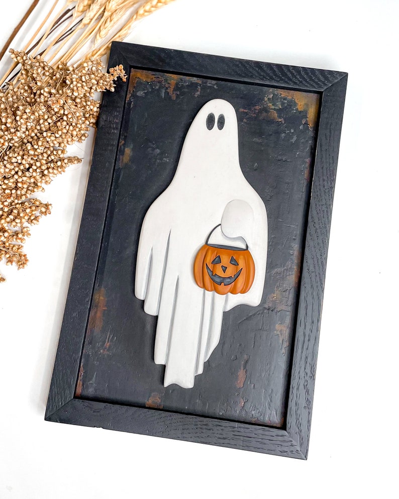 Ghost with Pumpkin Candy Bucket Scroll Saw Template Laser Ready Digital Cut File image 3