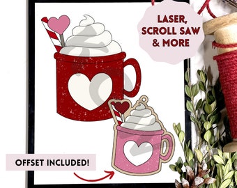 Valentine's Day Hot Cocoa, Coffee Mug File for Laser or Scroll Saw | Hot Chocolate Ornament Digital Cut Pattern