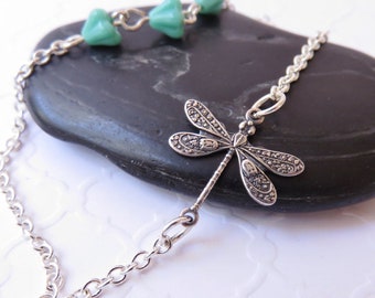 Dainty Silver Dragonfly Necklace - Asymmetrical Antiqued Silver Dragonfly Necklace With Tiny Turquoise Flowers, Cottagecore Insect Jewelry