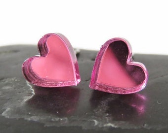 Small Pink Mirror Heart Stud Earrings You Choose Backs, Pink Heart Earrings, Valentine's Day Jewelry, Galentine's Day Gift, Best Friend Gift