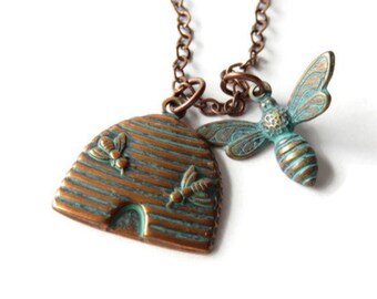 Beehive & Bee Necklace In Copper Verdigris You Choose Length, Bee Jewelry, Cottagecore Jewelry, Nature Gift For Her, Beekeeper Jewelry, Twee