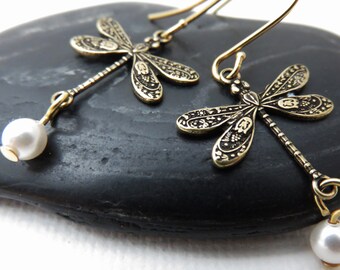 Gold Dragonfly Earrings w/ White Crystal Pearls From Swarovski®, You Choose Ear Wires, Cottagecore Earrings, Dragonfly Gifts, Insect Jewelry