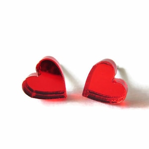 Small Red Mirror Heart Stud Earrings You Choose Backs, Red Heart Earrings, Valentine&#39;s Day Jewelry, Galentine&#39;s Day Gifts, Best Friend Gift