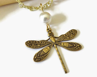 Small Gold Dragonfly Necklace With White Swarovski® Crystal Pearl You Choose Length, Dragonfly Jewelry, Cottagecore Necklace, Insect Jewelry