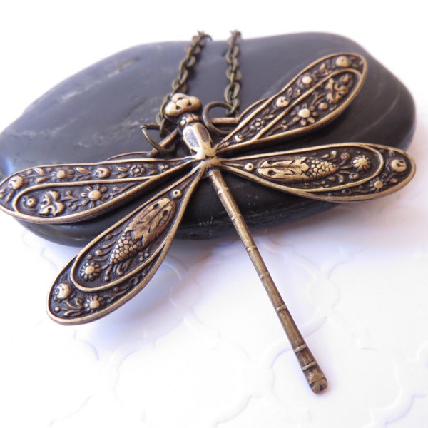 Big Dragonfly Necklace - Antiqued Brass Dragonfly Jewelry, Cottagecore Necklace, Bohemian Jewelry, Vintage Inspired Dragonfly Pendant, Twee