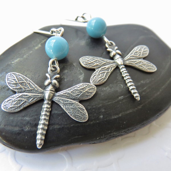Silver Dragonfly Earrings with Light Blue Swarovski Crystal Pearls You Choose Ear Wire, Cottagecore Earrings, Dragonfly Gift, Insect Jewelry