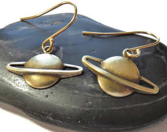 Gold Saturn Earrings You Choose Ear Wires - 14K Gold, Lever Back, Brass, Celestial Jewlery, Planet Earrings, Outerspace Dangle Earrings