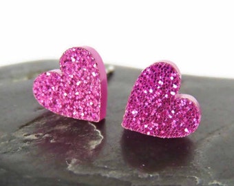 Small Magenta Heart Stud Earrings, Hypoallergenic Pink Glitter Heart Earrings, Valentine's Day Gift For Her, Heart Jewelry, Kawaii