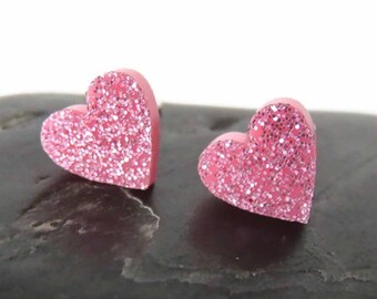 Small Pink Heart Stud Earrings You Choose Backs, Hypoallergenic Pink Glitter Heart Earrings, Valentine's Day Gift For Girlfriend Or Daughter