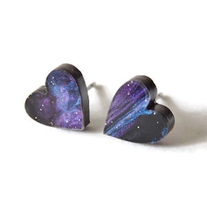 Small Heart Stud Earrings In Black Galaxy Glitter, You Choose Backs, Hypoallergenic Heart Earrings, Valentine&#39;s Day Gifts For Girlfriend