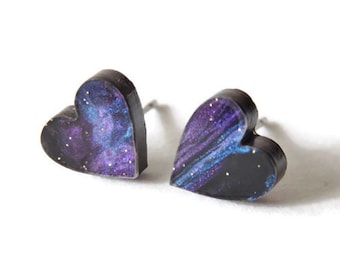 Small Heart Stud Earrings In Black Galaxy Glitter, You Choose Backs, Hypoallergenic Heart Earrings, Valentine's Day Gifts For Girlfriend
