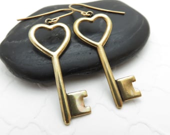 Gold Skeleton Key Earrings - You Choose Ear Wires, Key To My Heart Jewelry, Valentine's Day Gifts For Girlfriend, Antiqued Brass Key Jewelry