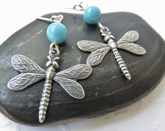 Silver Dragonfly Earrings with Light Blue Swarovski Crystal Pearls You Choose Ear Wire, Cottagecore Earrings, Dragonfly Gift, Insect Jewelry