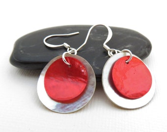 Natural & Red Mussel Shell Disc Earrings You Choose Ear Wires, Sterling Silver, Hypoallergenic, Lever Back, Beach Jewelry, Red Circle Drops