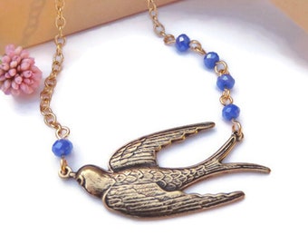 Asymmetrical Gold Bird Necklace You Choose Length, Antiqued Gold Sparrow Necklace With Blue Crystal Beads, Bird Jewelry, Cottagecore Jewelry