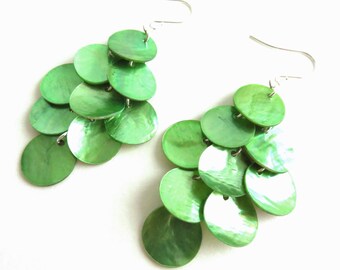 Long Green Mussel Shell Earrings With You Choose Ear Wires - Sterling Silver, Hypoallergenic, Lever Back, Chandelier Earrings, Beach Jewelry