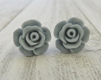 Grey Flower Stud Earrings, Rustic Rose Earrings On Hypoallergenic Stainless Posts, Bridesmaid & Flower Girl Earrings, Cottagecore Jewelry