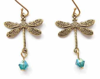 Gold Dragonfly Earrings With Swarovski® Crystals In Blue Zircon AB - You Choose Ear Wires, Cottagecore Earrings, Dragonfly Jewelry, Insects