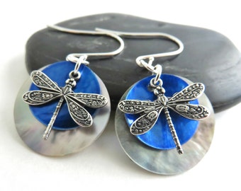 Silver Dragonfly Earrings With Natural & Blue Mussel Shells You Choose Ear Wire, Dragonfly Jewelry, Cottagecore Earrings, Insect Jewelry