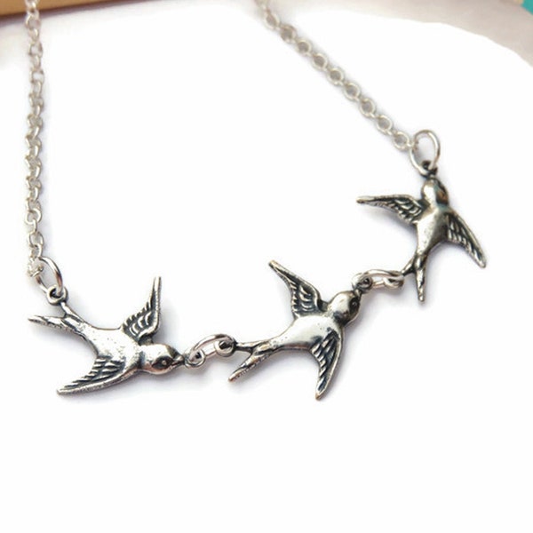 3 Little Birds Necklace You Choose Length - Silver Bird Jewelry, Three Sparrows Necklace, Boho Jewelry, Gift For Mom, Mother of 3 Necklace
