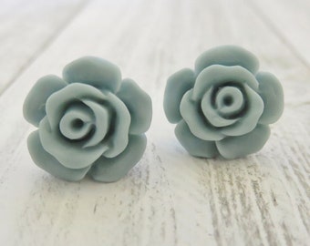 Light Grey Flower Stud Earrings, Grey Sage Succulent Rose Earrings On Hypoallergenic Posts, Bridesmaid & Flower Girl Earrings, Cottagecore