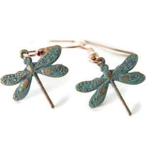 Small Copper Verdigris Dragonfly Earrings Your Choice of Ear Wires, Hypoallergenic Options, Insect Jewelry, Dainty Cottagecore Jewelry, Twee