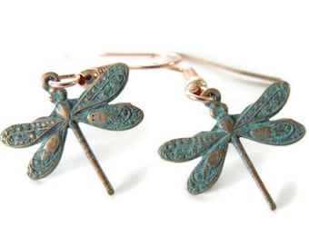 Small Copper Verdigris Dragonfly Earrings Your Choice of Ear Wires, Hypoallergenic Options, Insect Jewelry, Dainty Cottagecore Jewelry, Twee
