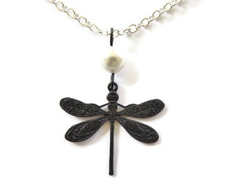 Dainty Black Dragonfly Necklace With White Swarovski® Pearl On Silver Chain You Choose Length, Unique Dragonfly Jewelry, Insect Jewelry Gift