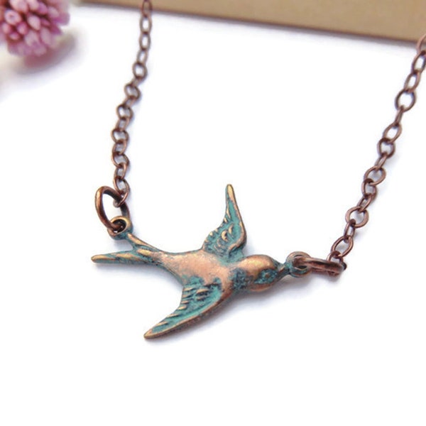 Copper Bird Necklace With Verdigris Patina You Choose Length, Sparrow Necklace, Bird Jewelry, Bohemian Jewelry, Nature Gifts For Birders