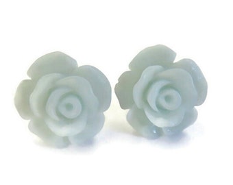 Pale Green Flower Stud Earrings, Light Succulent Rose Earrings On Hypoallergenic Posts, Bridesmaid Gifts, Flower Girl Earrings, Cottagecore