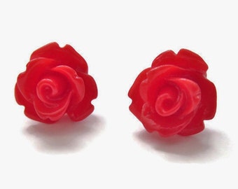 Red Rose Stud Earrings w/ Hypoallergenic Stainless Steel Posts For Sensitive Ears - Small Red Flower Earrings, Valentine's Day Gifts For Her