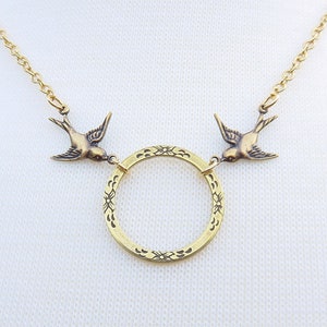 Gold Bird Necklace With Hoop You Choose Length, Two Gold Sparrows Holding An Etched Hoop, Bird Jewelry, Mother&#39;s Day Gift, Mom of 2 Necklace