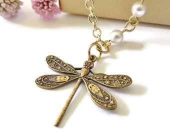 Dainty Gold Dragonfly Necklace With Small White Swarovski® Crystal Pearls You Choose Length, Dragonfly Gifts, Cottagecore Insect Jewelry