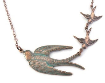 Copper 3 Birds Necklace You Choose Length, Verdigris Copper Sparrow Necklace With Antiqued Copper Baby Birds, Mother's Day Gift For Mom of 2