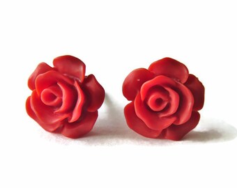 Red Flower Stud Earrings You Choose Backs, Hypoallergenic Matte Red Rose Earring, Valentine's Day Gift, Flower Girl Jewelry, Bridesmaid Gift