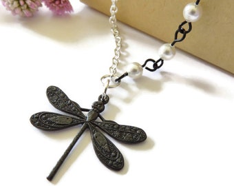 Dainty Black Dragonfly Necklace With Tiny White Swarovski® Pearls & Silver Chain You Choose Length, Dragonfly Jewelry, Insect Jewelry Gifts