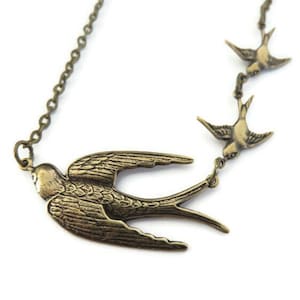 3 Birds Necklace In Antiqued Brass You Choose Length - Sparrow Necklace, Bird Jewelry, Mother&#39;s Day Gift For Mom of 2, Mother&#39;s Necklace