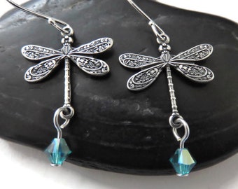 Small Dragonfly Earrings With Swarovski Crystals in Blue Zircon AB, Dragonfly Jewelry, Sterling Silver Dragonfly Earrings, Cottagecore, Twee