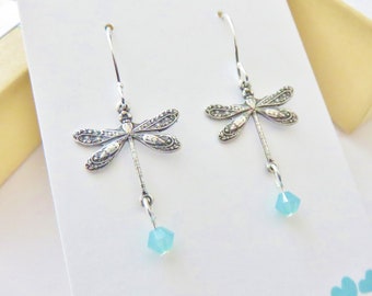 Silver Dragonfly Earrings W/ Pacific Opal Swarovski® Crystals You Choose Ear Wires, Dragonfly Jewelry, Insect Jewelry, Cottagecore Earrings