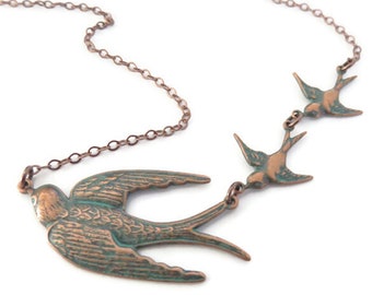 Copper 3 Birds Necklace You Choose Length, Copper Sparrow Necklace With Verdigris Patina, Mother's Day Gift For Mom of 2, Bird Jewelry, Twee