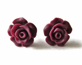 Purple Flower Stud Earrings You Choose Backs, Matte Plum Purple Rose Earrings, Valentine's Day Jewelry, Galentine's Day Best Friend Gifts