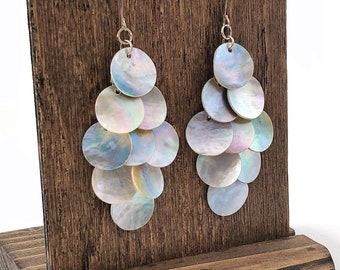 Iridescent Long Shell Dangle Earrings You Choose Ear Wire, Natural Mussel Shell Chandelier Earrings, Beach Wedding Jewelry, Bohemian Jewelry