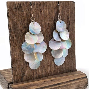 Puede incluir: Un par de pendientes de concha iridiscente con un diseño en cascada, exhibidos en un soporte de madera.
