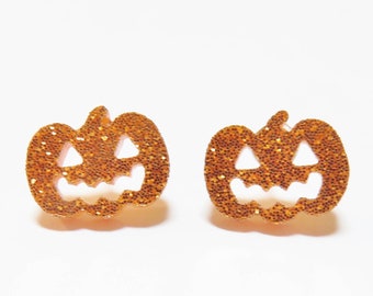 Halloween Pumpkin Stud Earrings On Stainless Steel Posts, Halloween Jewelry, Pumpkin Costume, Orange Glitter Jack O Lantern Earrings, Twee