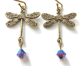 Small Gold Dragonfly Earrings with Swarovski® Crystals in Amethyst AB2X You Choose Ear Wires, Cottagecore Earrings, Insect Jewelry Gifts