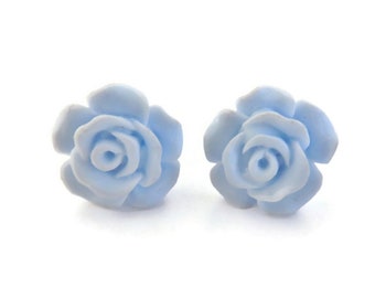 Light Blue Flower Stud Earrings, Matte Blue Rose Earrings On Hypoallergenic Posts, Boho Bridesmaid Gifts, Flower Girl Jewelry, Cottagecore