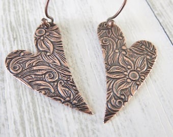 Embossed Copper Heart Earrings You Choose Ear Wires - Mother's Day Gift For Mom, Valentine's Day Gift For Wife Or Girlfriend, Dangle Earring