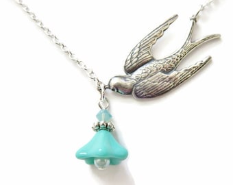 Silver Bird Necklace With Turquoise Flowers You Choose Length, Asymmetrical Sparrow Necklace, Fairycore Jewelry, Gifts For Bird Lovers
