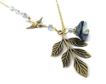 Asymmetrical Leaf, Flower & Bird Necklace With Blue Crystals You Choose Length, Fairycore Jewelry Gifts For Her, Whimsical Necklace