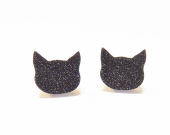 Black Cat Earrings - Black Glitter Cat Head Stud Earrings You Choose Backs, Halloween Jewelry, Cat Costume Accessory, Kitty Cat Jewelry